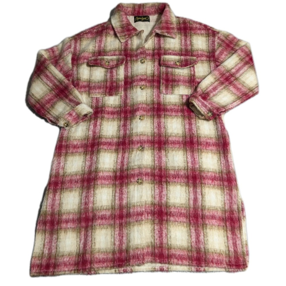 Spoon Jeans Plaid Shacket Womens 1X Pink‎ Cream Long Shirt Jacket Flannel